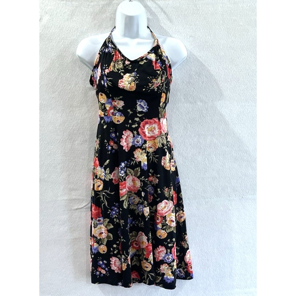 Vtg 70's Halter Top Floral Sundress Tropical Goth Dark Cottage Fairy Resort Sz12
